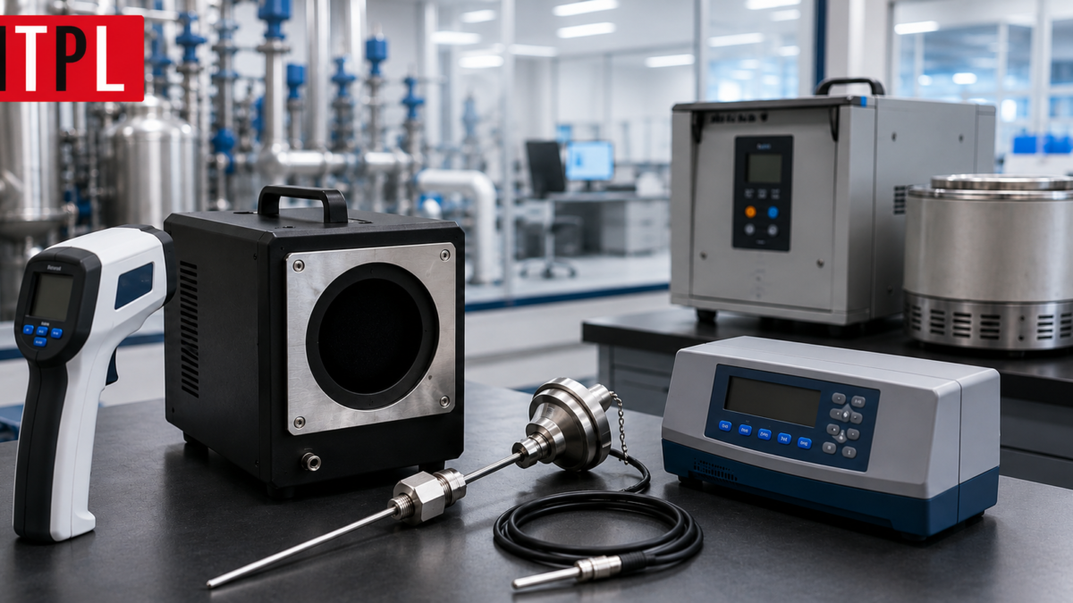 Industrial infrared thermometer calibrator setup with blackbody source, temperature indicator, and calibration equipment in a modern laboratory.