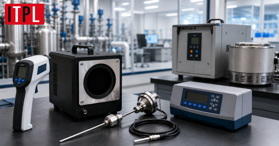 Industrial infrared thermometer calibrator setup with blackbody source, temperature indicator, and calibration equipment in a modern laboratory.