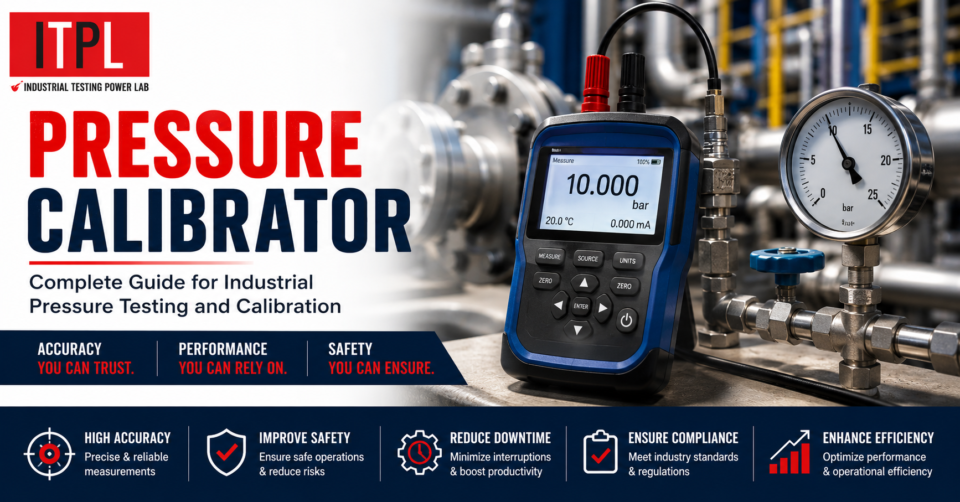 Digital pressure calibrator used for industrial pressure testing and calibration with ITPL branding in a professional industrial environment.