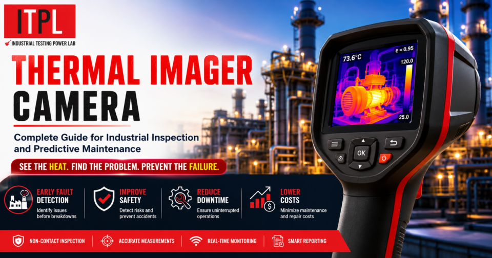 Thermal imager camera used for industrial inspection and predictive maintenance with ITPL logo, detecting heat patterns in industrial equipment.
